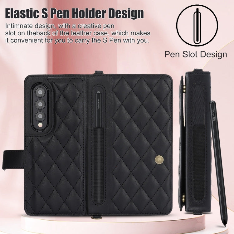 For Samsung Galaxy Z Fold3 Crossbody Multifunction Rhombic Leather Phone Case(Black) - Galaxy Phone Cases by buy2fix | Online Shopping UK | buy2fix