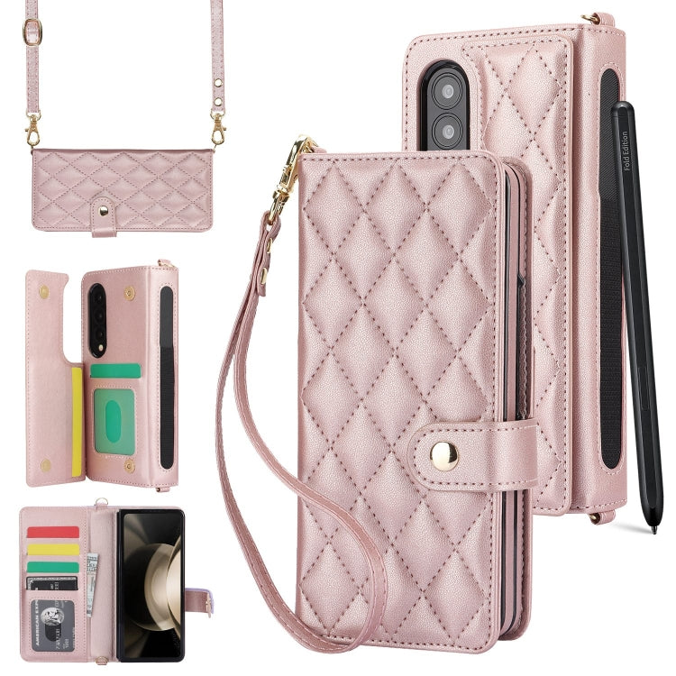 For Samsung Galaxy Z Fold3 Crossbody Multifunction Rhombic Leather Phone Case(Rose Gold) - Galaxy Phone Cases by buy2fix | Online Shopping UK | buy2fix
