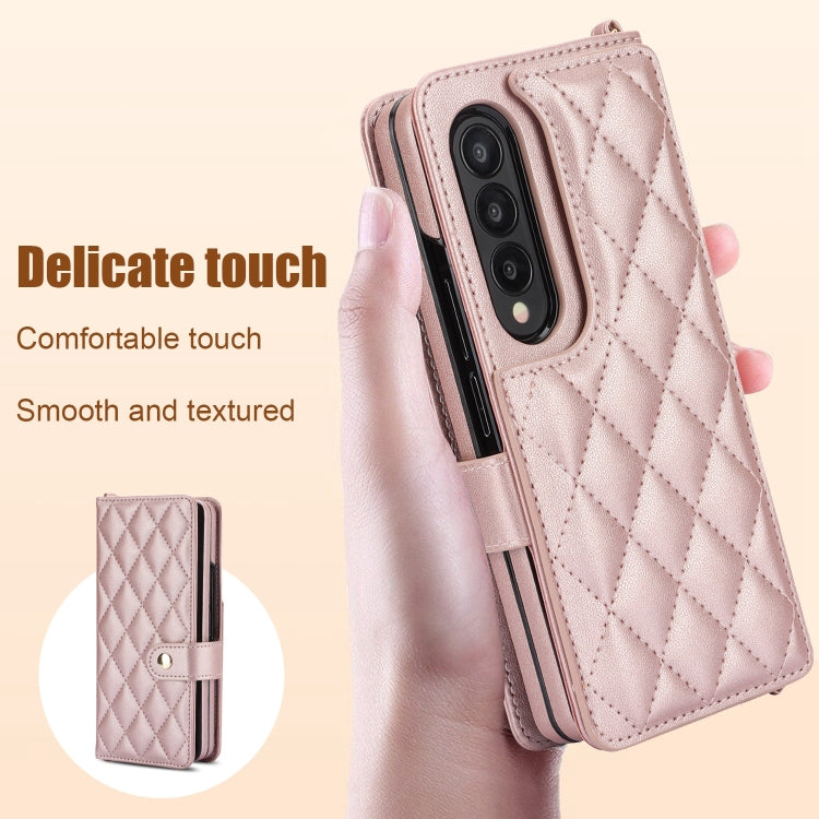 For Samsung Galaxy Z Fold3 Crossbody Multifunction Rhombic Leather Phone Case(Rose Gold) - Galaxy Phone Cases by buy2fix | Online Shopping UK | buy2fix