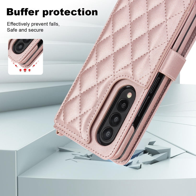 For Samsung Galaxy Z Fold3 Crossbody Multifunction Rhombic Leather Phone Case(Rose Gold) - Galaxy Phone Cases by buy2fix | Online Shopping UK | buy2fix