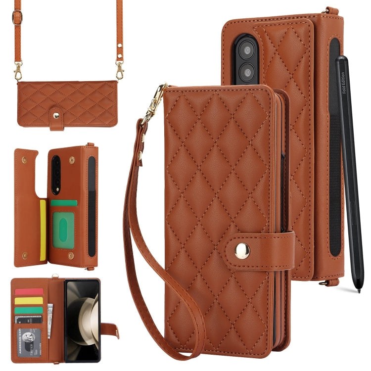 For Samsung Galaxy Z Fold3 Crossbody Multifunction Rhombic Leather Phone Case(Brown) - Galaxy Phone Cases by buy2fix | Online Shopping UK | buy2fix