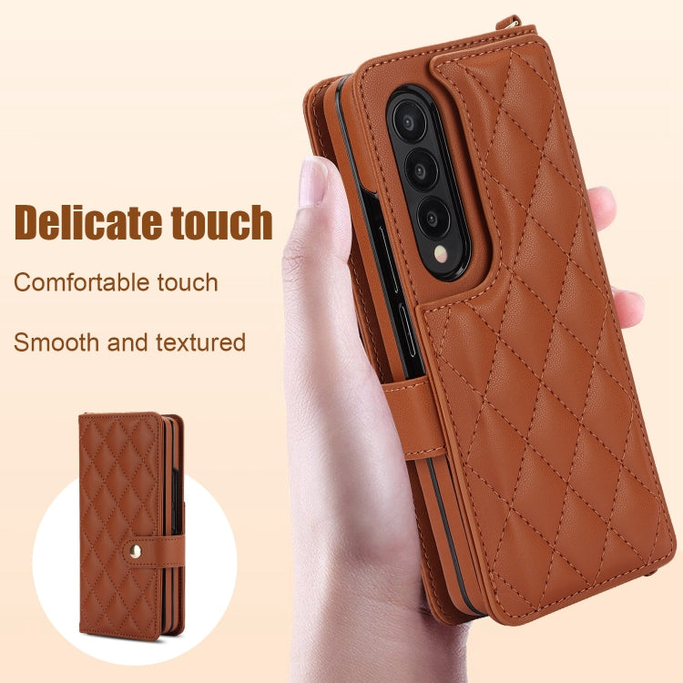 For Samsung Galaxy Z Fold3 Crossbody Multifunction Rhombic Leather Phone Case(Brown) - Galaxy Phone Cases by buy2fix | Online Shopping UK | buy2fix