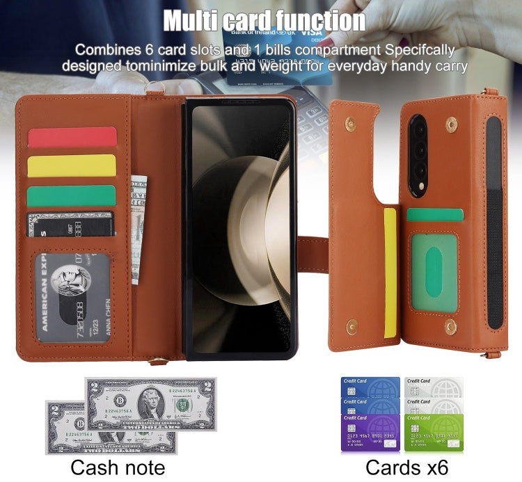 For Samsung Galaxy Z Fold3 Crossbody Multifunction Rhombic Leather Phone Case(Brown) - Galaxy Phone Cases by buy2fix | Online Shopping UK | buy2fix