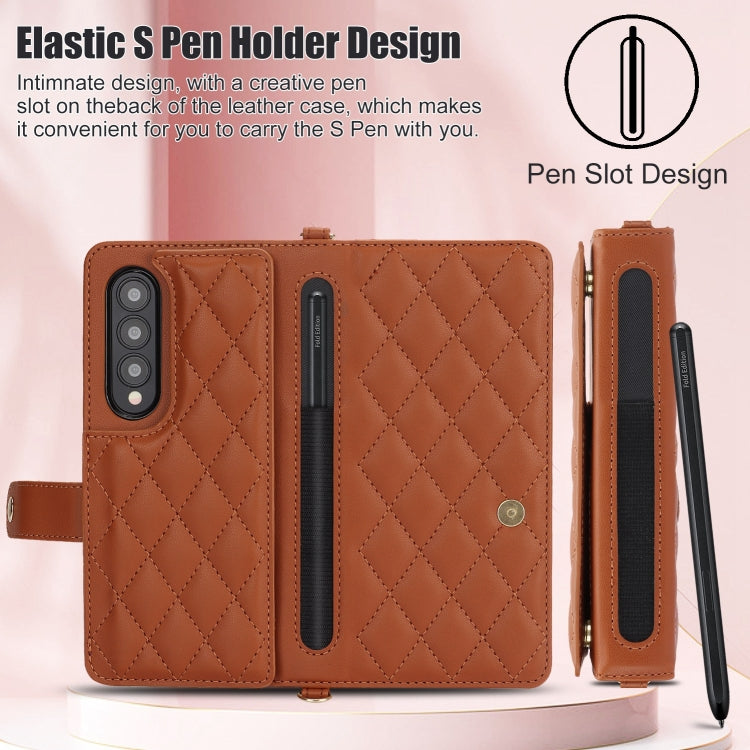 For Samsung Galaxy Z Fold3 Crossbody Multifunction Rhombic Leather Phone Case(Brown) - Galaxy Phone Cases by buy2fix | Online Shopping UK | buy2fix
