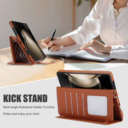 For Samsung Galaxy Z Fold3 Crossbody Multifunction Rhombic Leather Phone Case(Brown) - Galaxy Phone Cases by buy2fix | Online Shopping UK | buy2fix