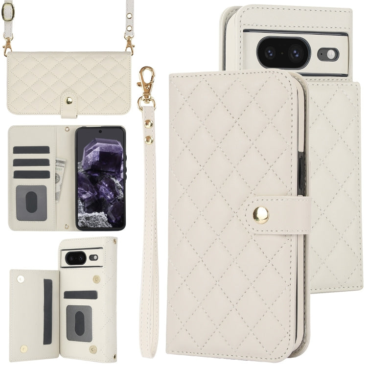 For Google Pixel 8a Crossbody Multifunction Rhombic Leather Phone Case(White) by buy2fix