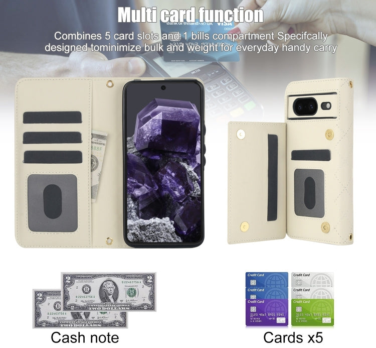 For Google Pixel 8a Crossbody Multifunction Rhombic Leather Phone Case(White) by buy2fix