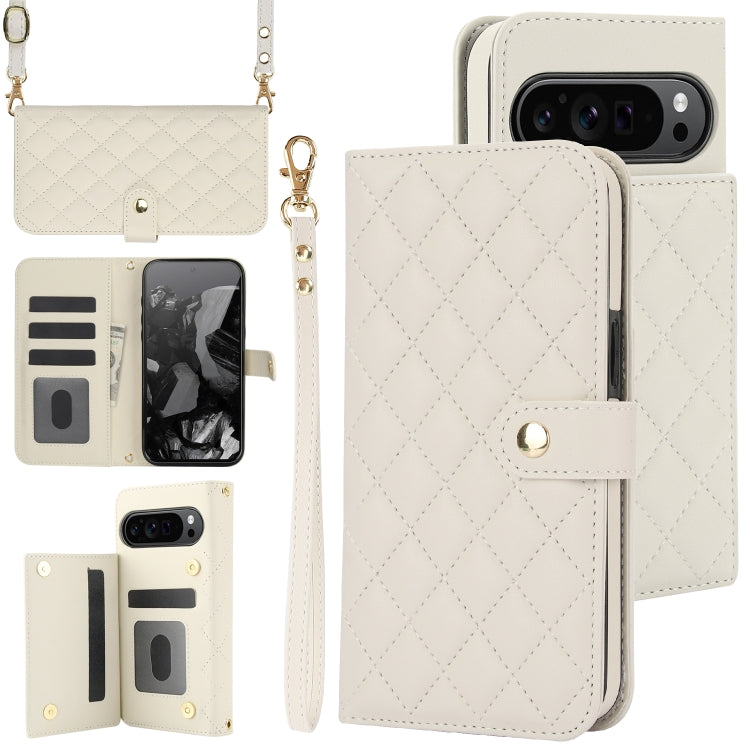 For Google Pixel 9 Crossbody Multifunction Rhombic Leather Phone Case(White) by buy2fix
