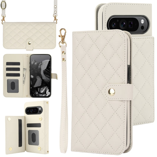For Google Pixel 9 Crossbody Multifunction Rhombic Leather Phone Case(White) by buy2fix