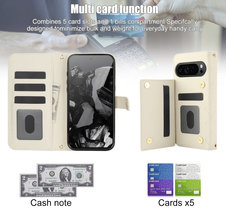 For Google Pixel 9 Crossbody Multifunction Rhombic Leather Phone Case(White) by buy2fix