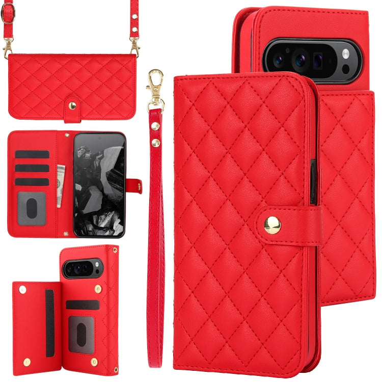 For Google Pixel 9 Crossbody Multifunction Rhombic Leather Phone Case(Red) by buy2fix