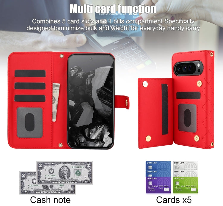 For Google Pixel 9 Crossbody Multifunction Rhombic Leather Phone Case(Red) by buy2fix
