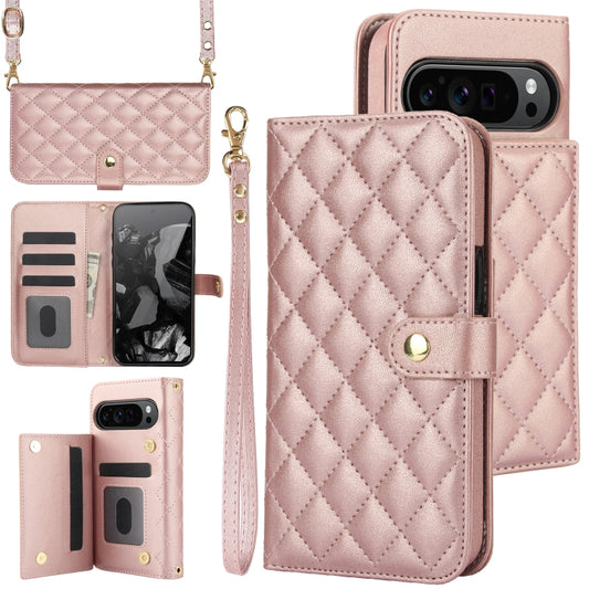 For Google Pixel 9 Crossbody Multifunction Rhombic Leather Phone Case(Rose Gold) by buy2fix