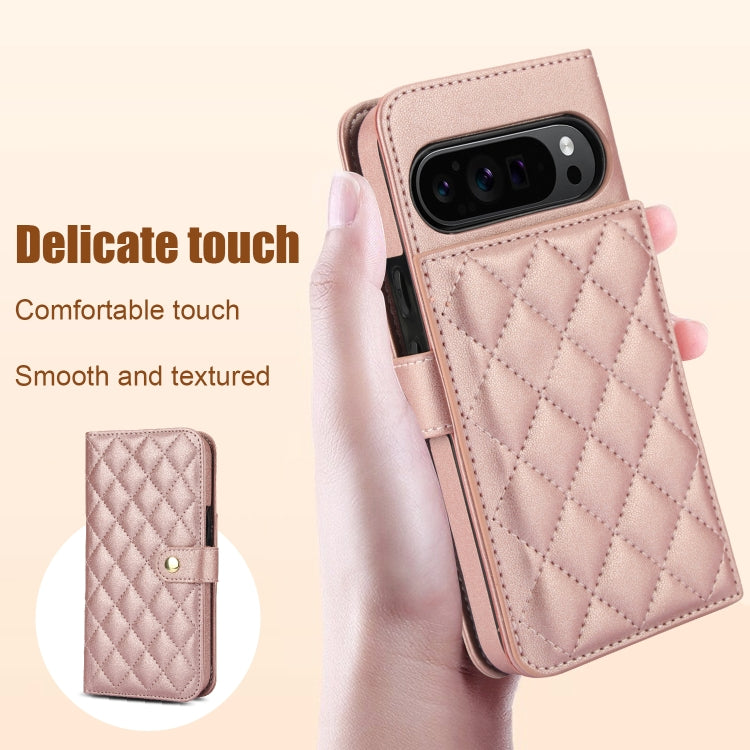 For Google Pixel 9 Crossbody Multifunction Rhombic Leather Phone Case(Rose Gold) by buy2fix
