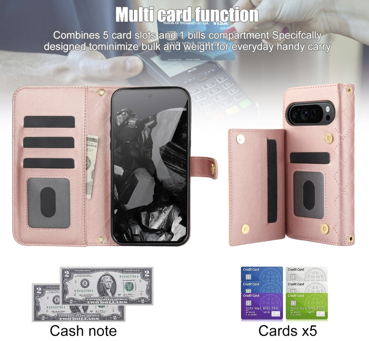 For Google Pixel 9 Crossbody Multifunction Rhombic Leather Phone Case(Rose Gold) by buy2fix