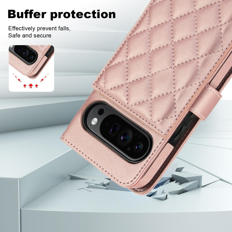 For Google Pixel 9 Crossbody Multifunction Rhombic Leather Phone Case(Rose Gold) by buy2fix