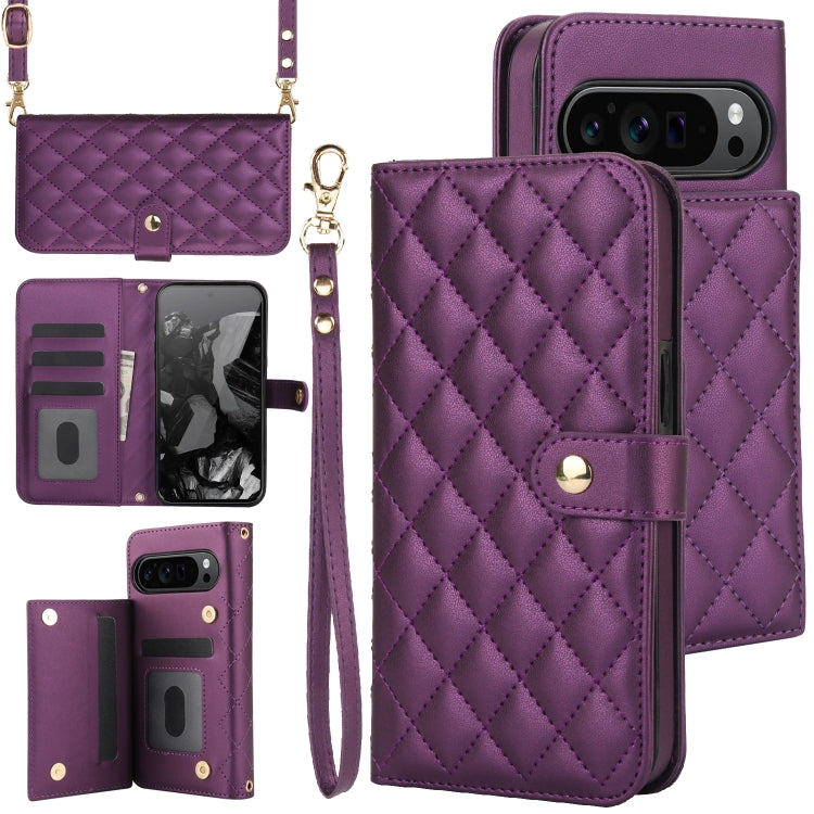 For Google Pixel 9 Crossbody Multifunction Rhombic Leather Phone Case(Dark Purple) by buy2fix