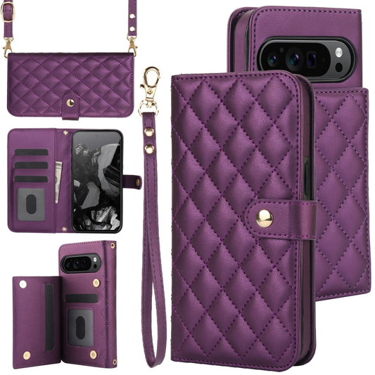 For Google Pixel 9 Crossbody Multifunction Rhombic Leather Phone Case(Dark Purple) by buy2fix