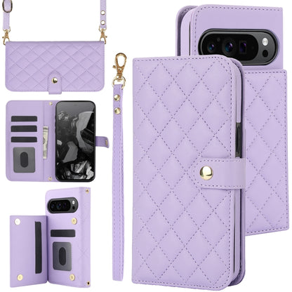 For Google Pixel 9 Crossbody Multifunction Rhombic Leather Phone Case(Purple) by buy2fix