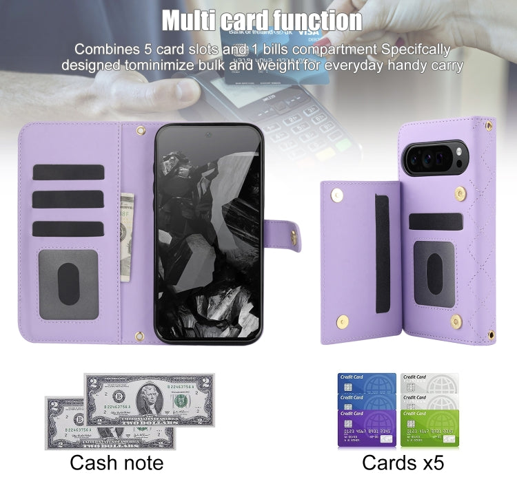 For Google Pixel 9 Crossbody Multifunction Rhombic Leather Phone Case(Purple) by buy2fix