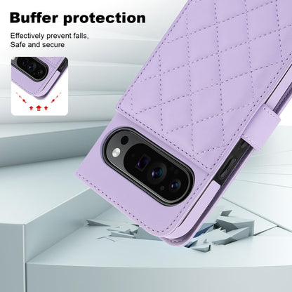For Google Pixel 9 Crossbody Multifunction Rhombic Leather Phone Case(Purple) by buy2fix