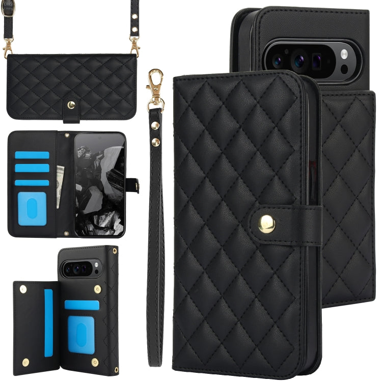 For Google Pixel 9 Pro XL Crossbody Multifunction Rhombic Leather Phone Case(Black) by buy2fix