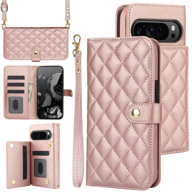 For Google Pixel 9 Pro XL Crossbody Multifunction Rhombic Leather Phone Case(Rose Gold) by buy2fix