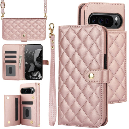 For Google Pixel 9 Pro XL Crossbody Multifunction Rhombic Leather Phone Case(Rose Gold) by buy2fix