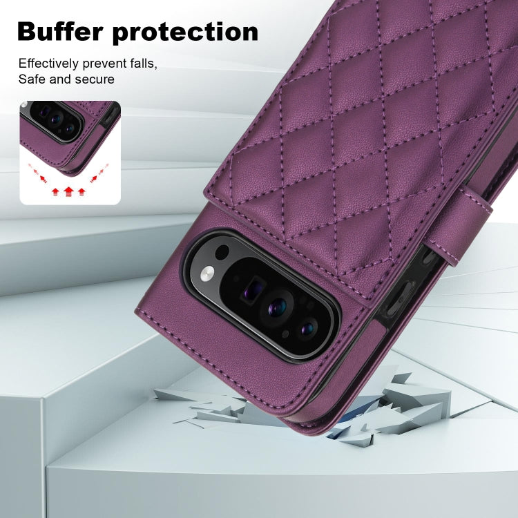 For Google Pixel 9 Pro XL Crossbody Multifunction Rhombic Leather Phone Case(Dark Purple) by buy2fix