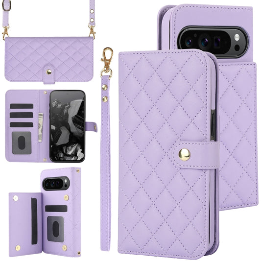 For Google Pixel 9 Pro XL Crossbody Multifunction Rhombic Leather Phone Case(Purple) by buy2fix