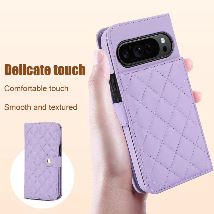 For Google Pixel 9 Pro XL Crossbody Multifunction Rhombic Leather Phone Case(Purple) by buy2fix