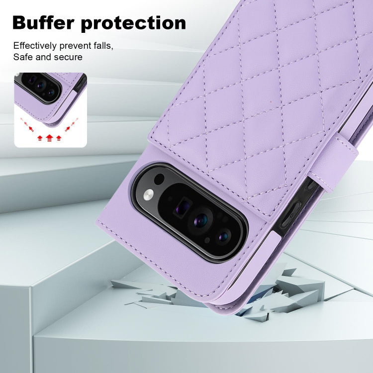 For Google Pixel 9 Pro XL Crossbody Multifunction Rhombic Leather Phone Case(Purple) by buy2fix