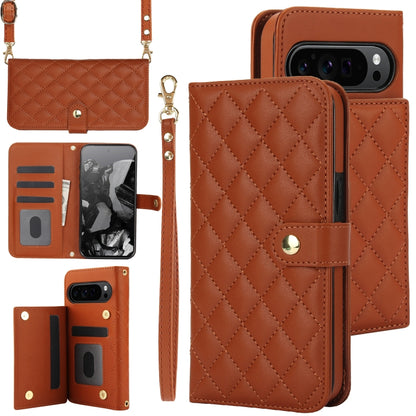 For Google Pixel 9 Pro XL Crossbody Multifunction Rhombic Leather Phone Case(Brown) by buy2fix