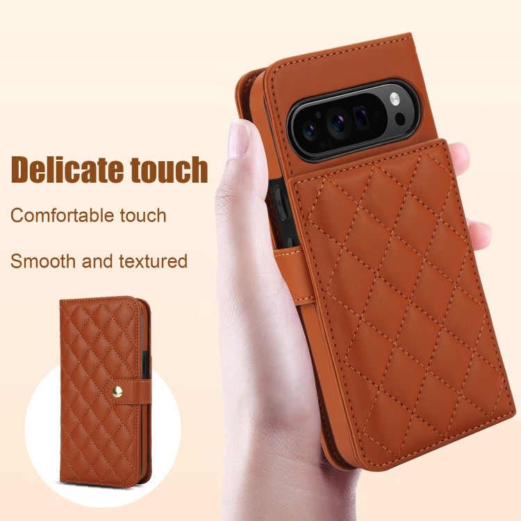 For Google Pixel 9 Pro XL Crossbody Multifunction Rhombic Leather Phone Case(Brown) by buy2fix