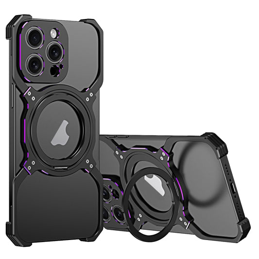For iPhone 15 Pro Mechanical Arm Borderless MagSafe Holder Metal Phone Case(Black Purple) - iPhone 15 Pro Cases by buy2fix | Online Shopping UK | buy2fix