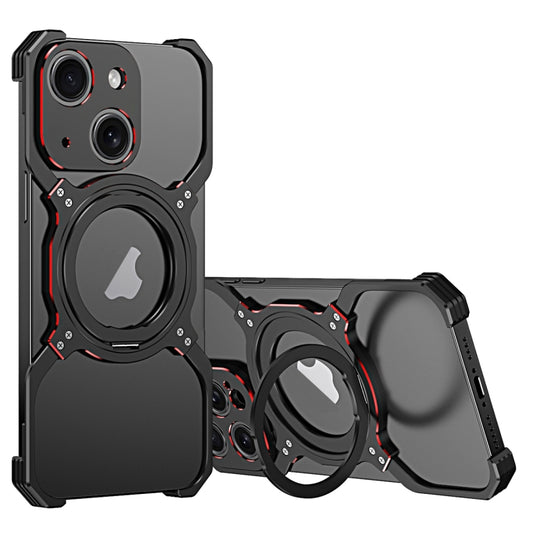 For iPhone 15 Mechanical Arm Borderless MagSafe Holder Metal Phone Case(Black Red) - iPhone 15 Cases by buy2fix | Online Shopping UK | buy2fix