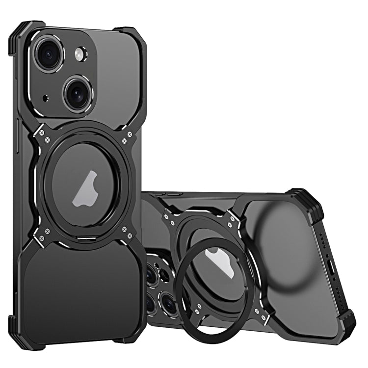For iPhone 15 Mechanical Arm Borderless MagSafe Holder Metal Phone Case(Black Silver) - iPhone 15 Cases by buy2fix | Online Shopping UK | buy2fix