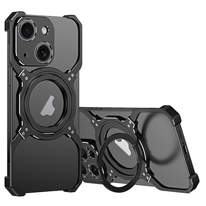 For iPhone 15 Mechanical Arm Borderless MagSafe Holder Metal Phone Case(Black Silver) - iPhone 15 Cases by buy2fix | Online Shopping UK | buy2fix