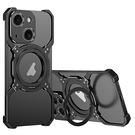 For iPhone 15 Mechanical Arm Borderless MagSafe Holder Metal Phone Case(Black Silver) - iPhone 15 Cases by buy2fix | Online Shopping UK | buy2fix