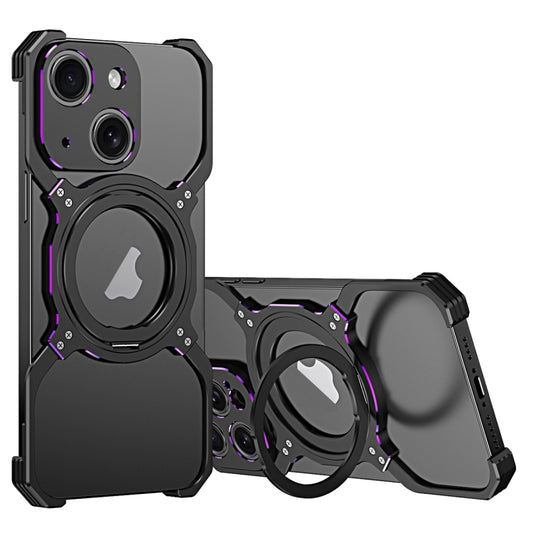 For iPhone 14 Plus Mechanical Arm Borderless MagSafe Holder Metal Phone Case(Black Purple) - iPhone 14 Plus Cases by buy2fix | Online Shopping UK | buy2fix