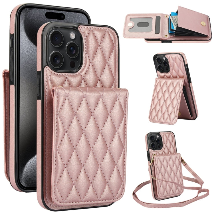 For iPhone 15 Pro Max YM015 Crossbody Rhombic Card Bag RFID Phone Case(Rose Gold) - iPhone 15 Pro Max Cases by buy2fix | Online Shopping UK | buy2fix