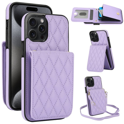 For iPhone 15 Pro Max YM015 Crossbody Rhombic Card Bag RFID Phone Case(Light Purple) - iPhone 15 Pro Max Cases by buy2fix | Online Shopping UK | buy2fix