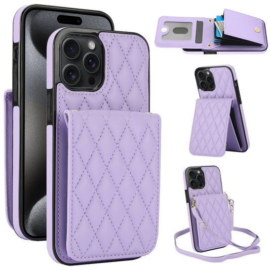 For iPhone 15 Pro Max YM015 Crossbody Rhombic Card Bag RFID Phone Case(Light Purple) - iPhone 15 Pro Max Cases by buy2fix | Online Shopping UK | buy2fix