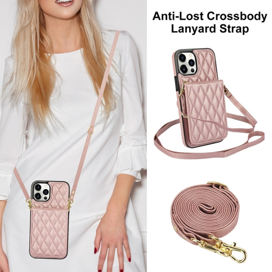 For iPhone 15 Pro YM015 Crossbody Rhombic Card Bag RFID Phone Case(Rose Gold) - iPhone 15 Pro Cases by buy2fix | Online Shopping UK | buy2fix
