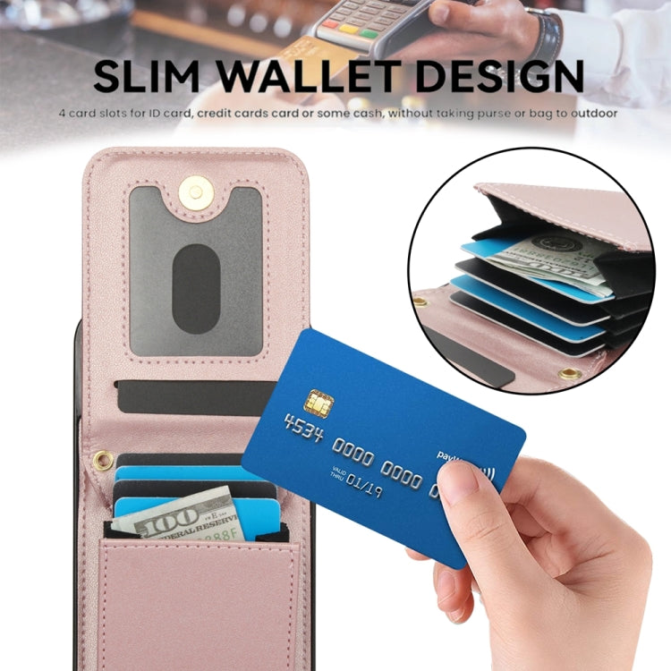 For iPhone 15 Pro YM015 Crossbody Rhombic Card Bag RFID Phone Case(Rose Gold) - iPhone 15 Pro Cases by buy2fix | Online Shopping UK | buy2fix