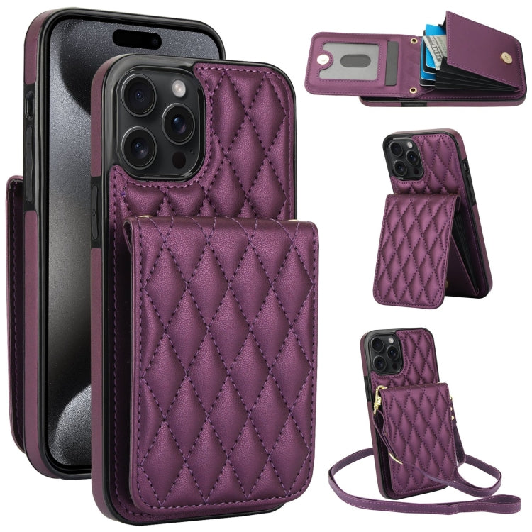 For iPhone 15 Pro YM015 Crossbody Rhombic Card Bag RFID Phone Case(Dark Purple) - iPhone 15 Pro Cases by buy2fix | Online Shopping UK | buy2fix
