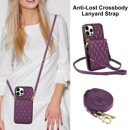 For iPhone 15 Pro YM015 Crossbody Rhombic Card Bag RFID Phone Case(Dark Purple) - iPhone 15 Pro Cases by buy2fix | Online Shopping UK | buy2fix