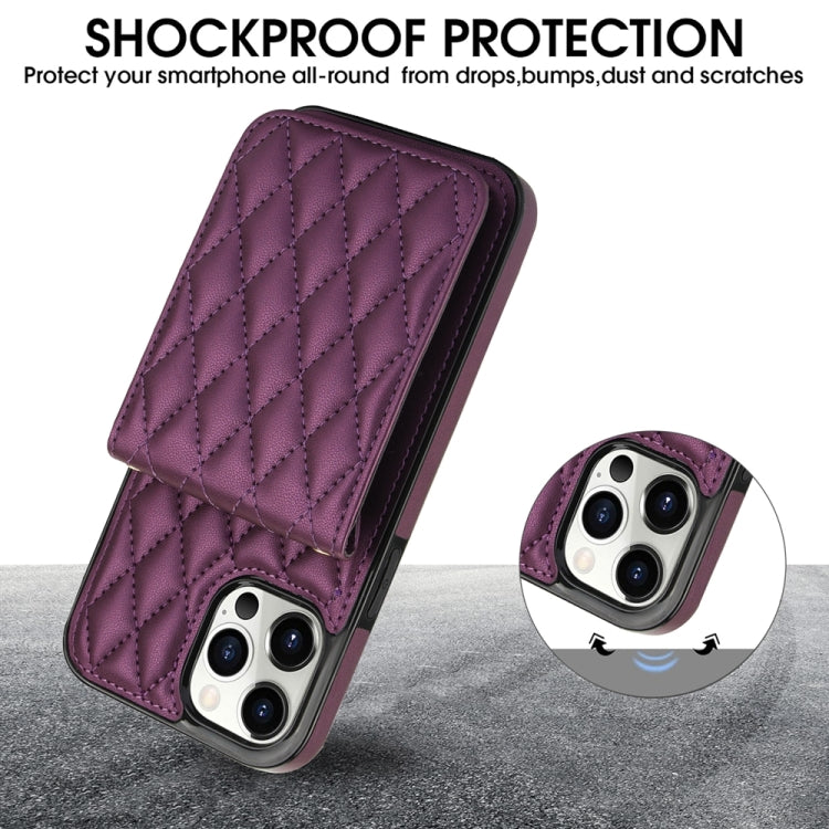 For iPhone 15 Pro YM015 Crossbody Rhombic Card Bag RFID Phone Case(Dark Purple) - iPhone 15 Pro Cases by buy2fix | Online Shopping UK | buy2fix