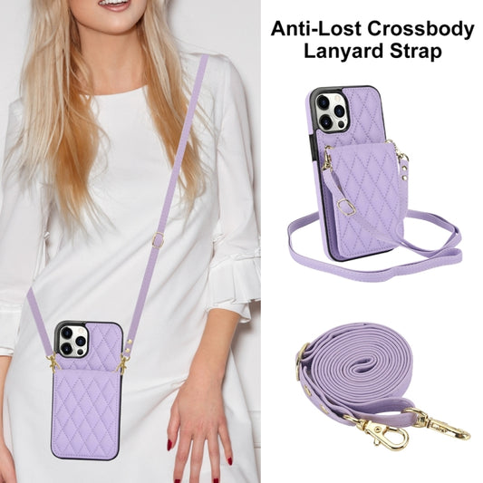 For iPhone 15 Pro YM015 Crossbody Rhombic Card Bag RFID Phone Case(Light Purple) - iPhone 15 Pro Cases by buy2fix | Online Shopping UK | buy2fix