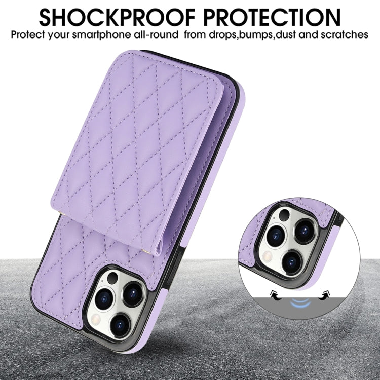 For iPhone 15 Pro YM015 Crossbody Rhombic Card Bag RFID Phone Case(Light Purple) - iPhone 15 Pro Cases by buy2fix | Online Shopping UK | buy2fix